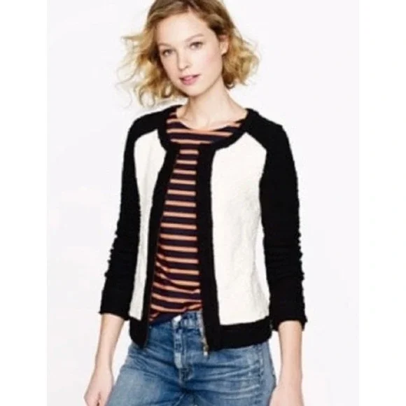 J Crew Jacket Womens Small Black White Colorblock Zip Front Boucle Parisian - Picture 1 of 8